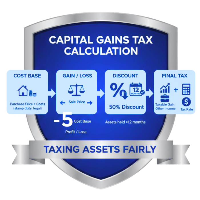 Capital gains tax flow: (Sale Price - Costs) - (Purchase Price + Costs) → Gross Gain → Apply Losses → Apply Discount → Taxable Gain → Add to Income → Final Tax
