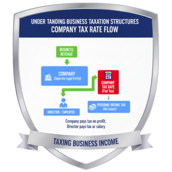 Company tax flow: Business Profit → Company Pays Tax → Retained Profit. Separately: Company pays Salary → You pay Personal Tax on Salary → Net Cash