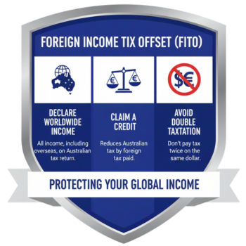 Foreign income tax flow: Foreign Income → Foreign Tax Paid → FITO Credit → Reduced Australian Tax Bill