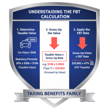 Visual flow diagram showing FBT calculation: Benefit Taxable Value → (multiplied by Gross-Up Rate) → Grossed-Up Value → (multiplied by FBT Rate) → Final FBT Payable