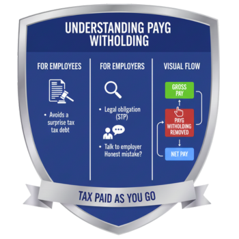Visual flow showing PAYG withholding: Gross Pay → PAYG Withholding Removed → Net Pay