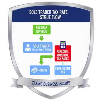 Sole trader tax flow: Business Profit → Your Personal Income → Tax at Marginal Rates → Net Cash