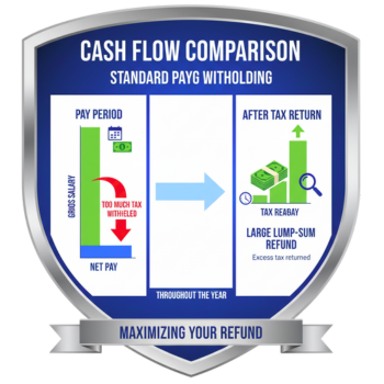Bar chart showing smaller weekly pay bars and one large Tax Refund bar at the end of the year