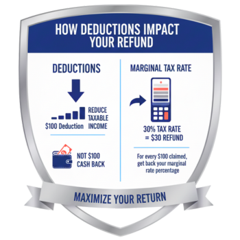 Simple visual flow: Gross Income minus Deductions equals Lower Taxable Income equals Bigger Refund