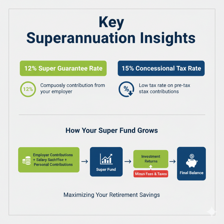 Superannuation flow: Employer Contributions + Salary Sacrifice + Personal Contributions → Super Fund → Investment Returns → Minus Fees & Taxes → Final Balance